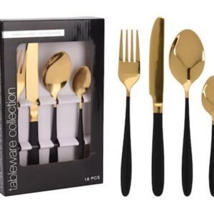 16pc Gold Cutlery Set With Black Handles