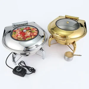 HYDRAULIC ROUND ROLL - TOP CHAFFING DISH  WITH GLASS LID ( GOLD/SILVER