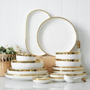 Luxury Gold Rim White Ceramic Kitchen Dinner Set Plate Dish Bowl Porcelain Dinnerware Set For Sale