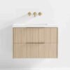 White Marble Top and Oak Wood Single Sink Floating Vanity